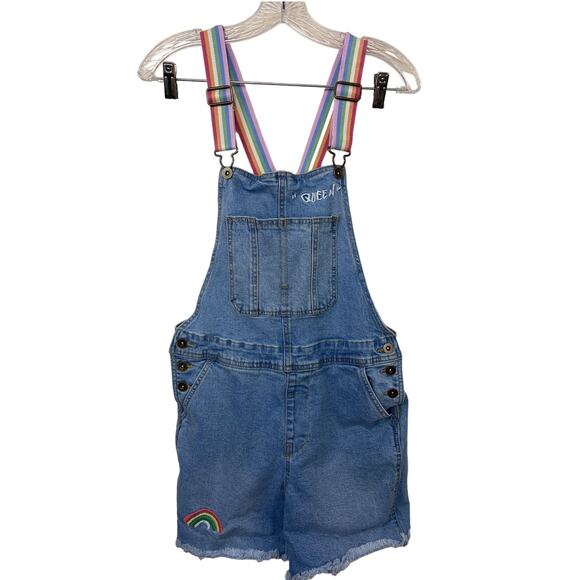 Take Pride Rainbow "QUEEN" Denim Overall Shorts with Rainbow Straps - Picture 1 of 4